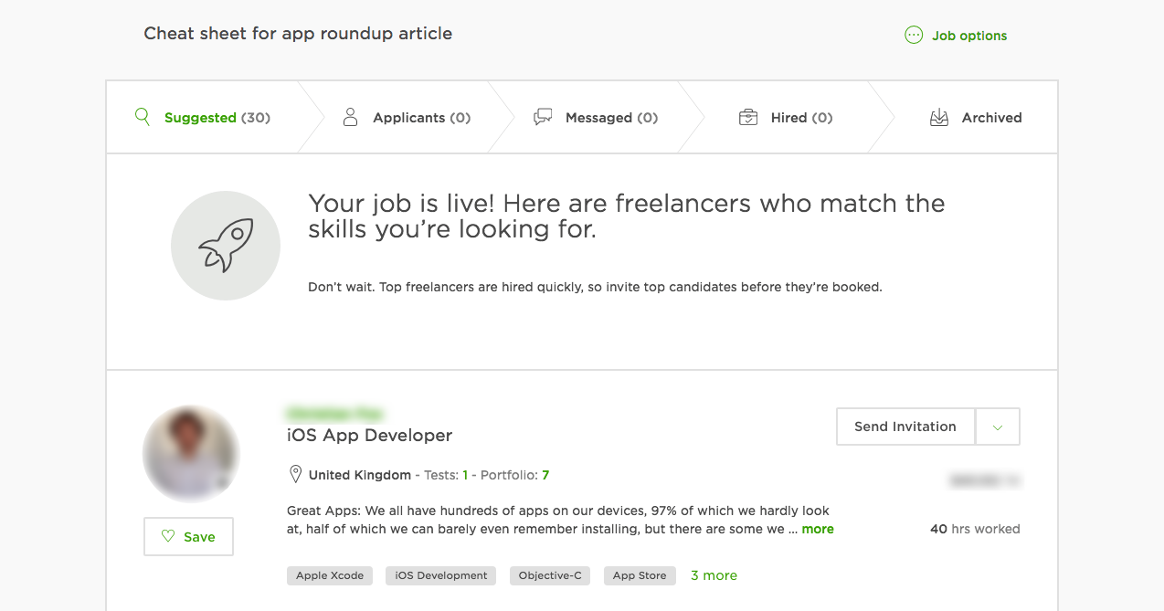 Freelance platform dashboard showing suggested candidates for a job.