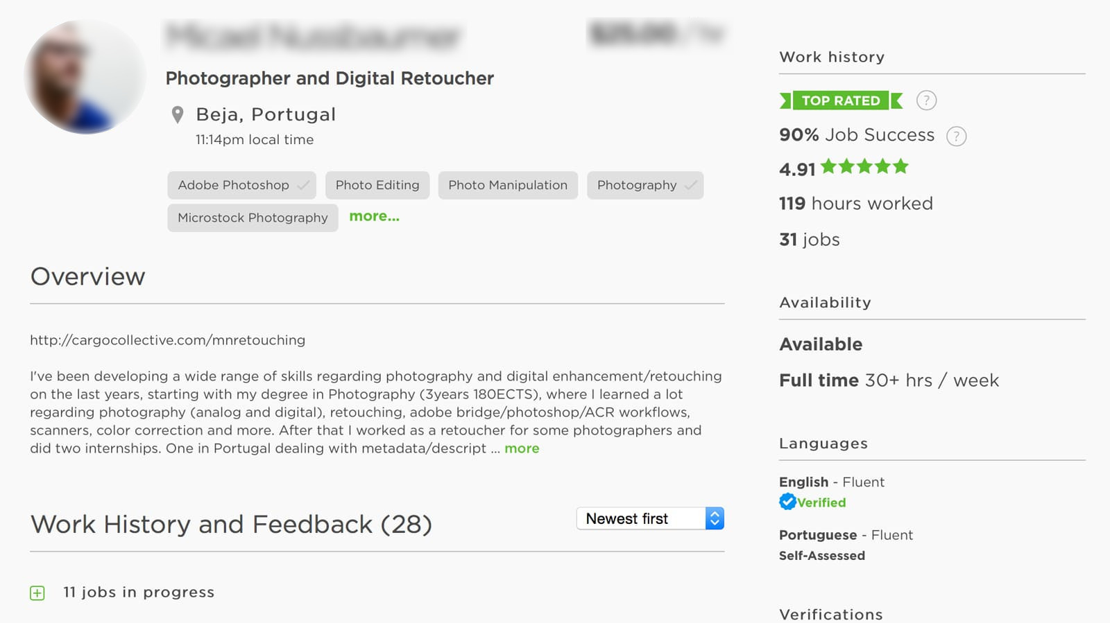 Online freelancer profile for a photographer and retoucher from Portugal.